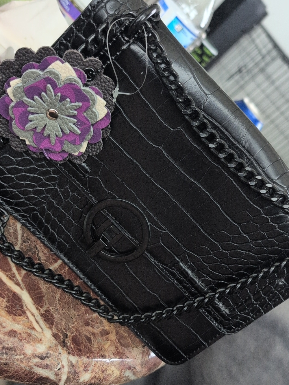 Aldo Black Croc-Embossed Shoulder Bag with Floral Charm